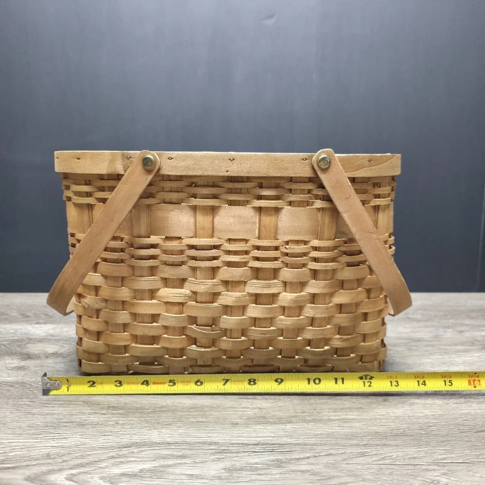 Vintage Double Handled Light Brown Wooden Basket 13x9x6 Rustic Home Decor